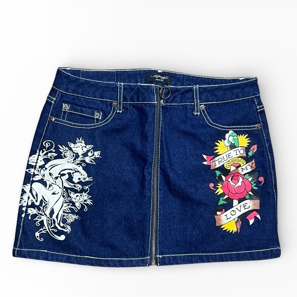 Ed Hardy Denim Mini Skirt Y2K Panther Rose Tattoo Blue Size Large Full Zip Retro